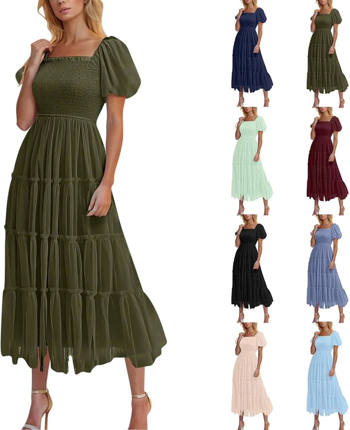 Cocktail Dresses for Women Summer Wedding Guest Dress 2025 Square Neck Maxi Sundress Smocked Pleated Flounce Dress