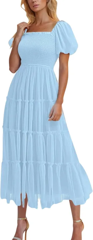 Cocktail Dresses for Women Summer Wedding Guest Dress 2025 Square Neck Maxi Sundress Smocked Pleated Flounce Dress