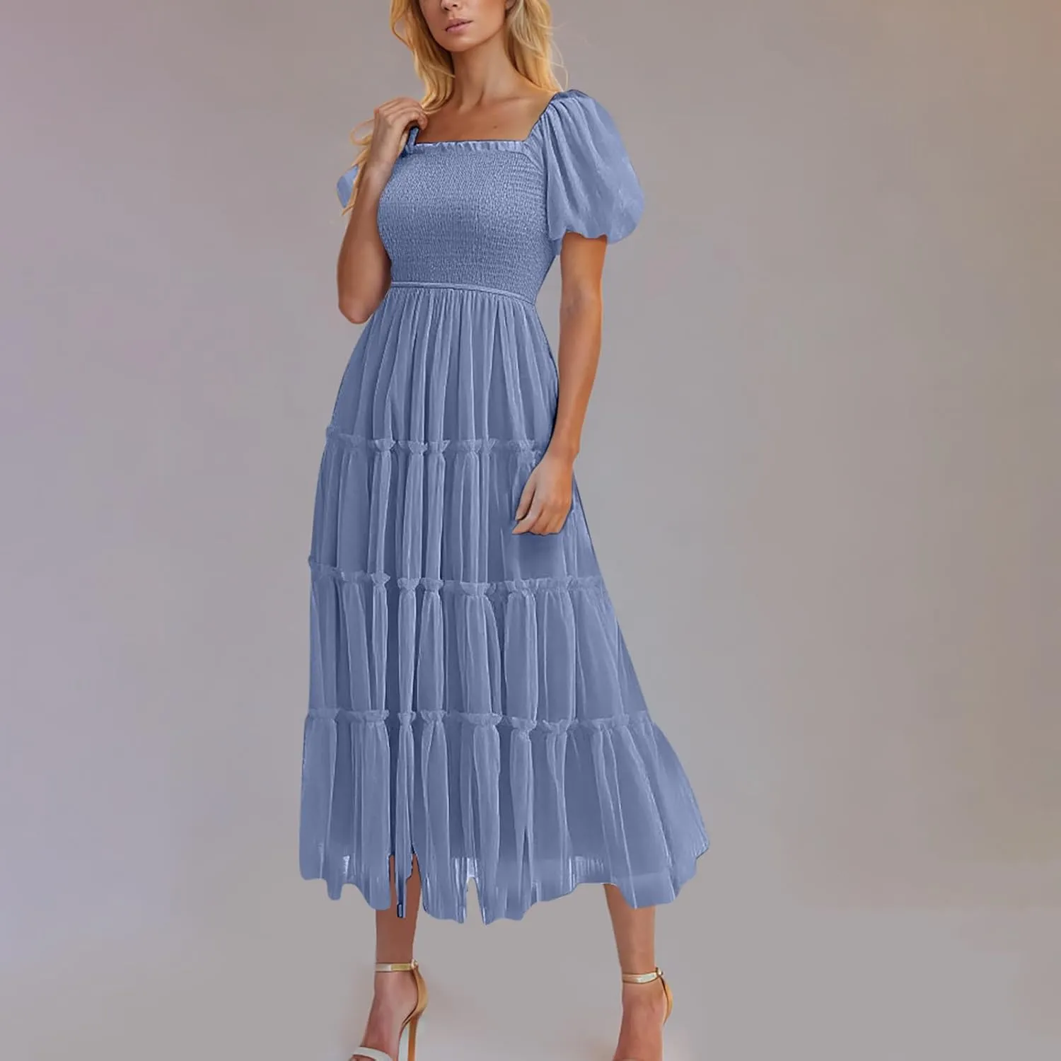 Cocktail Dresses for Women Summer Wedding Guest Dress 2025 Square Neck Maxi Sundress Smocked Pleated Flounce Dress