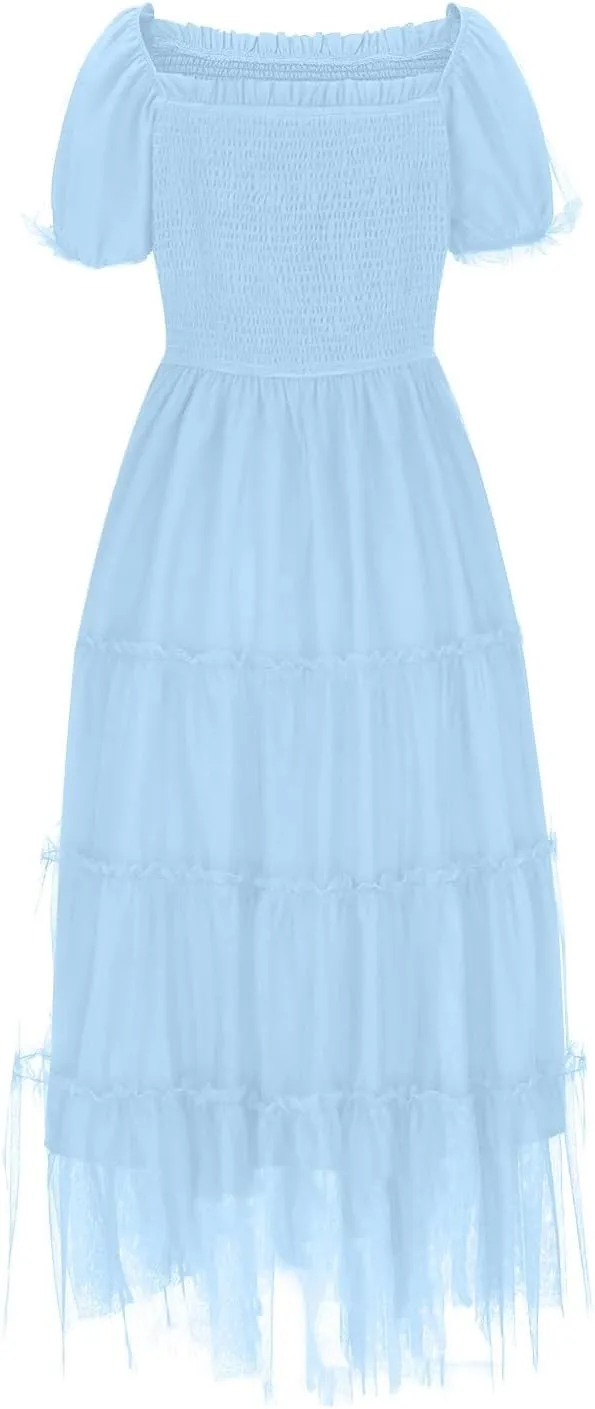 Cocktail Dresses for Women Summer Wedding Guest Dress 2025 Square Neck Maxi Sundress Smocked Pleated Flounce Dress