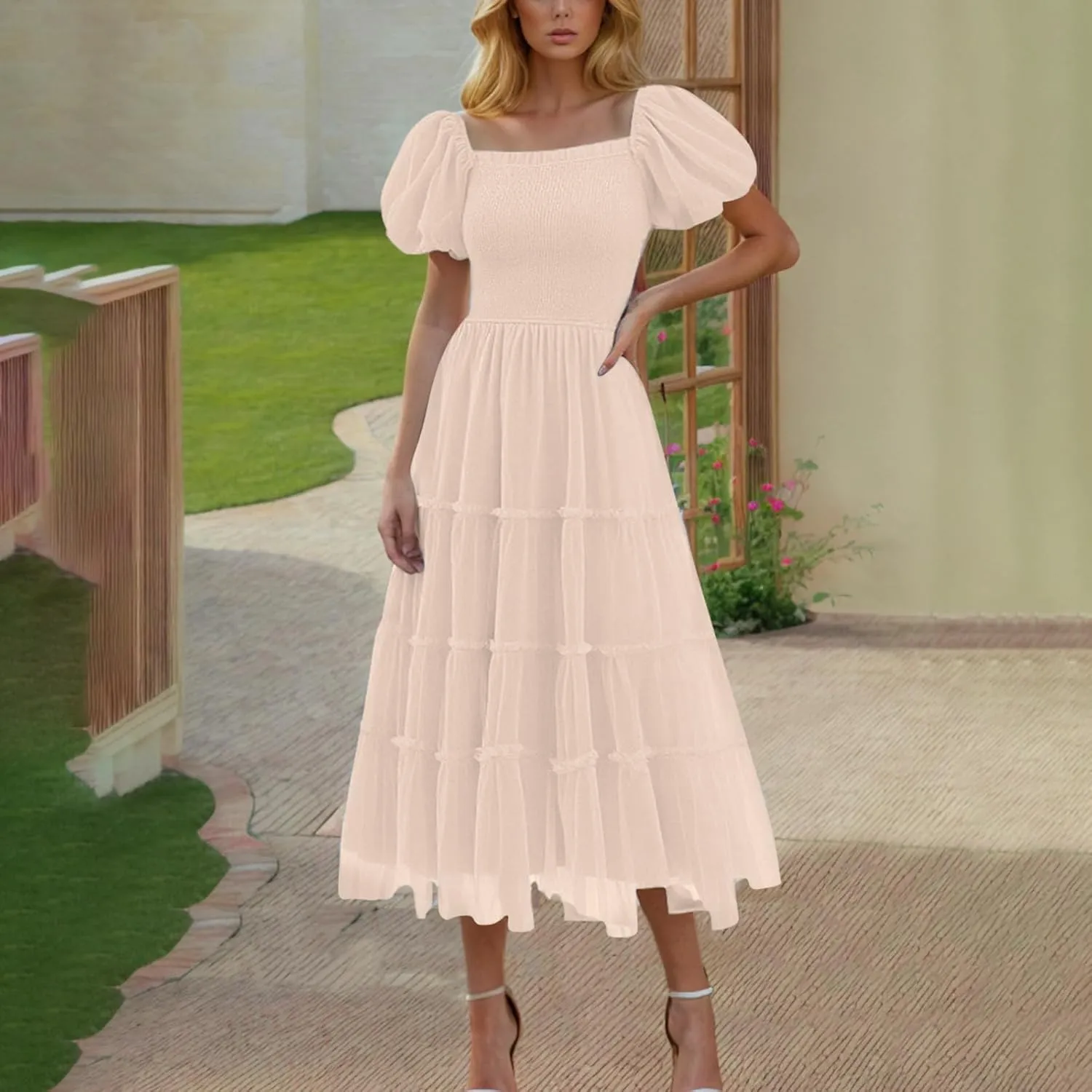 Cocktail Dresses for Women Summer Wedding Guest Dress 2025 Square Neck Maxi Sundress Smocked Pleated Flounce Dress