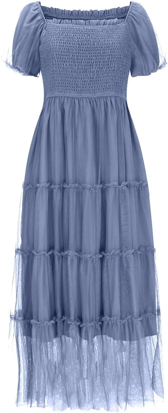 Cocktail Dresses for Women Summer Wedding Guest Dress 2025 Square Neck Maxi Sundress Smocked Pleated Flounce Dress