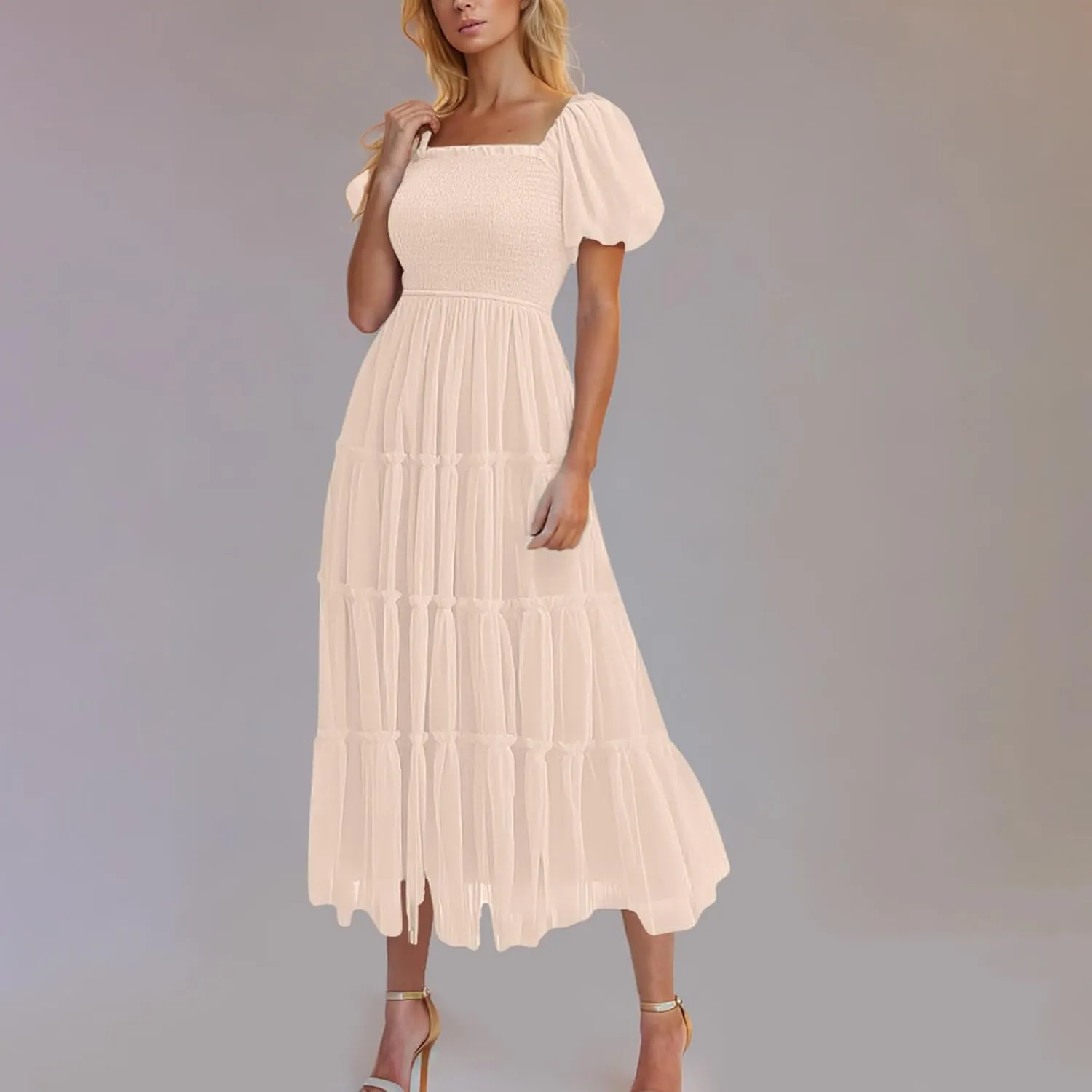 Cocktail Dresses for Women Summer Wedding Guest Dress 2025 Square Neck Maxi Sundress Smocked Pleated Flounce Dress