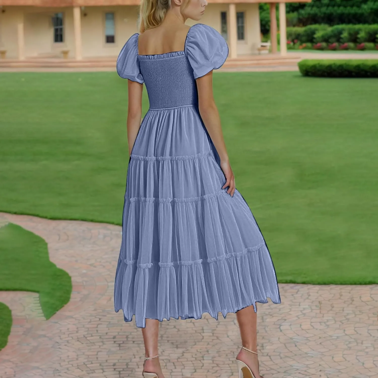Cocktail Dresses for Women Summer Wedding Guest Dress 2025 Square Neck Maxi Sundress Smocked Pleated Flounce Dress