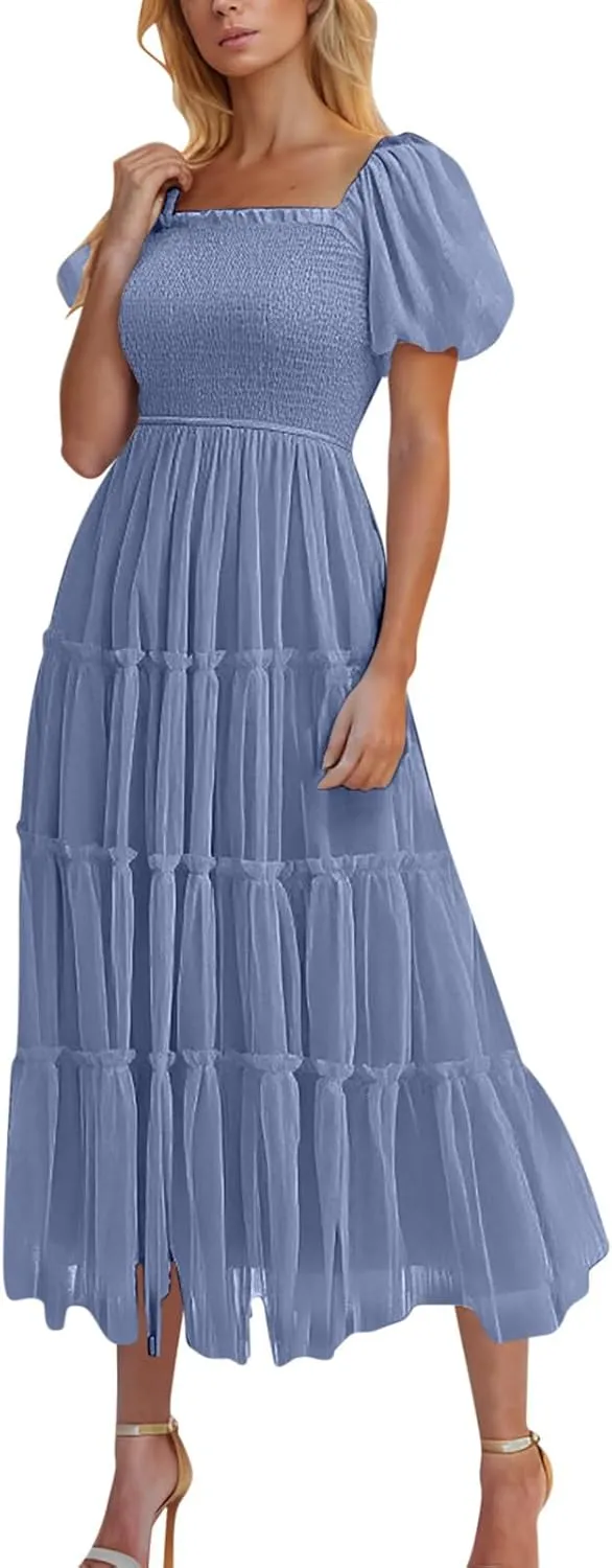 Cocktail Dresses for Women Summer Wedding Guest Dress 2025 Square Neck Maxi Sundress Smocked Pleated Flounce Dress