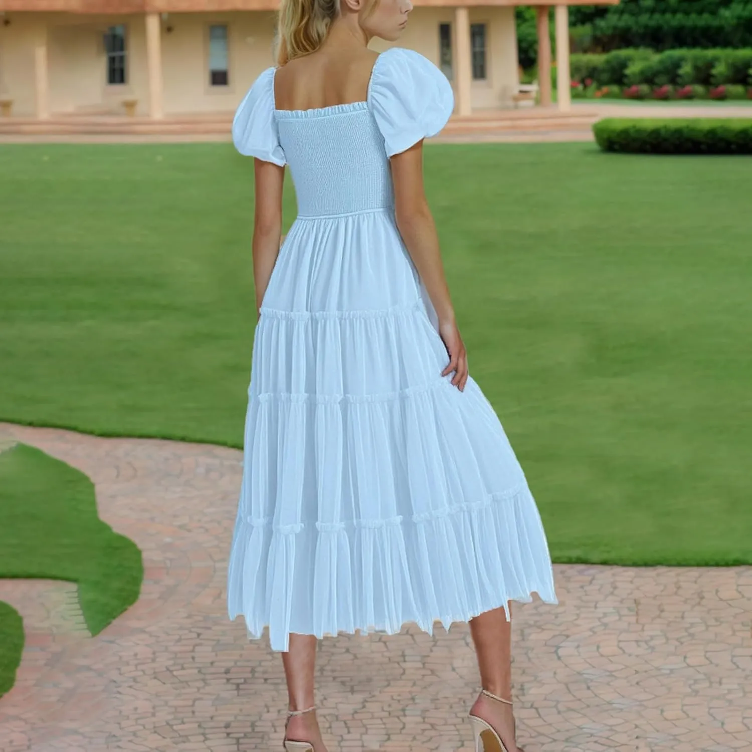 Cocktail Dresses for Women Summer Wedding Guest Dress 2025 Square Neck Maxi Sundress Smocked Pleated Flounce Dress