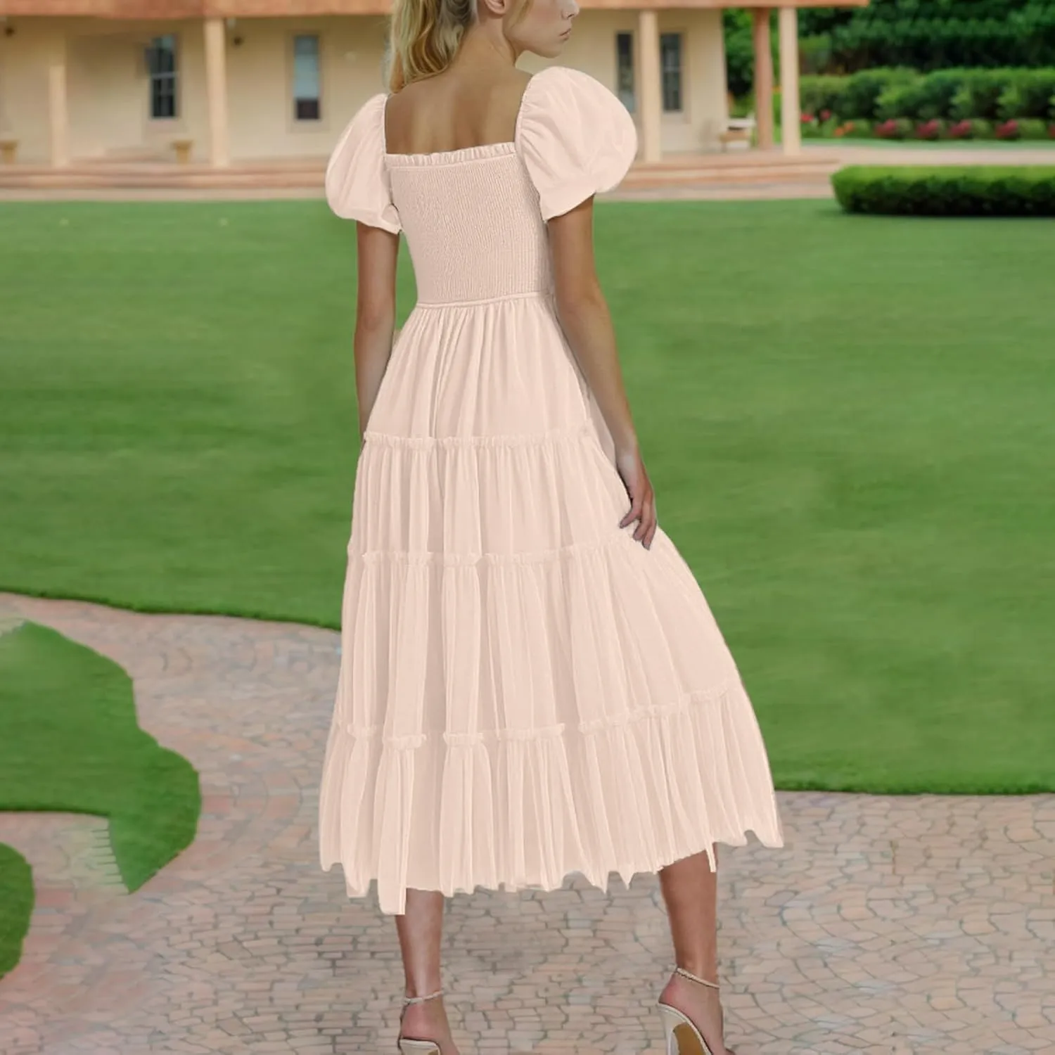 Cocktail Dresses for Women Summer Wedding Guest Dress 2025 Square Neck Maxi Sundress Smocked Pleated Flounce Dress