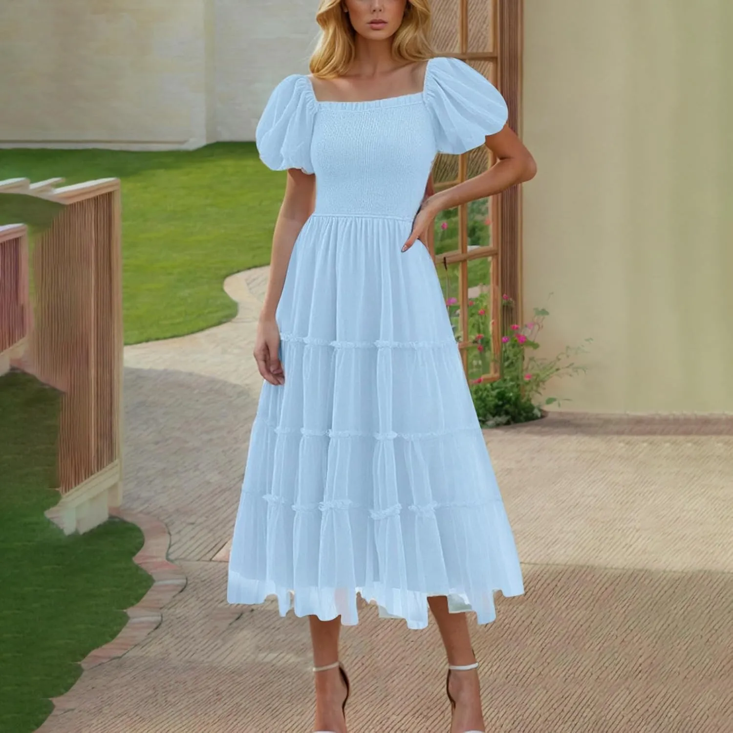 Cocktail Dresses for Women Summer Wedding Guest Dress 2025 Square Neck Maxi Sundress Smocked Pleated Flounce Dress