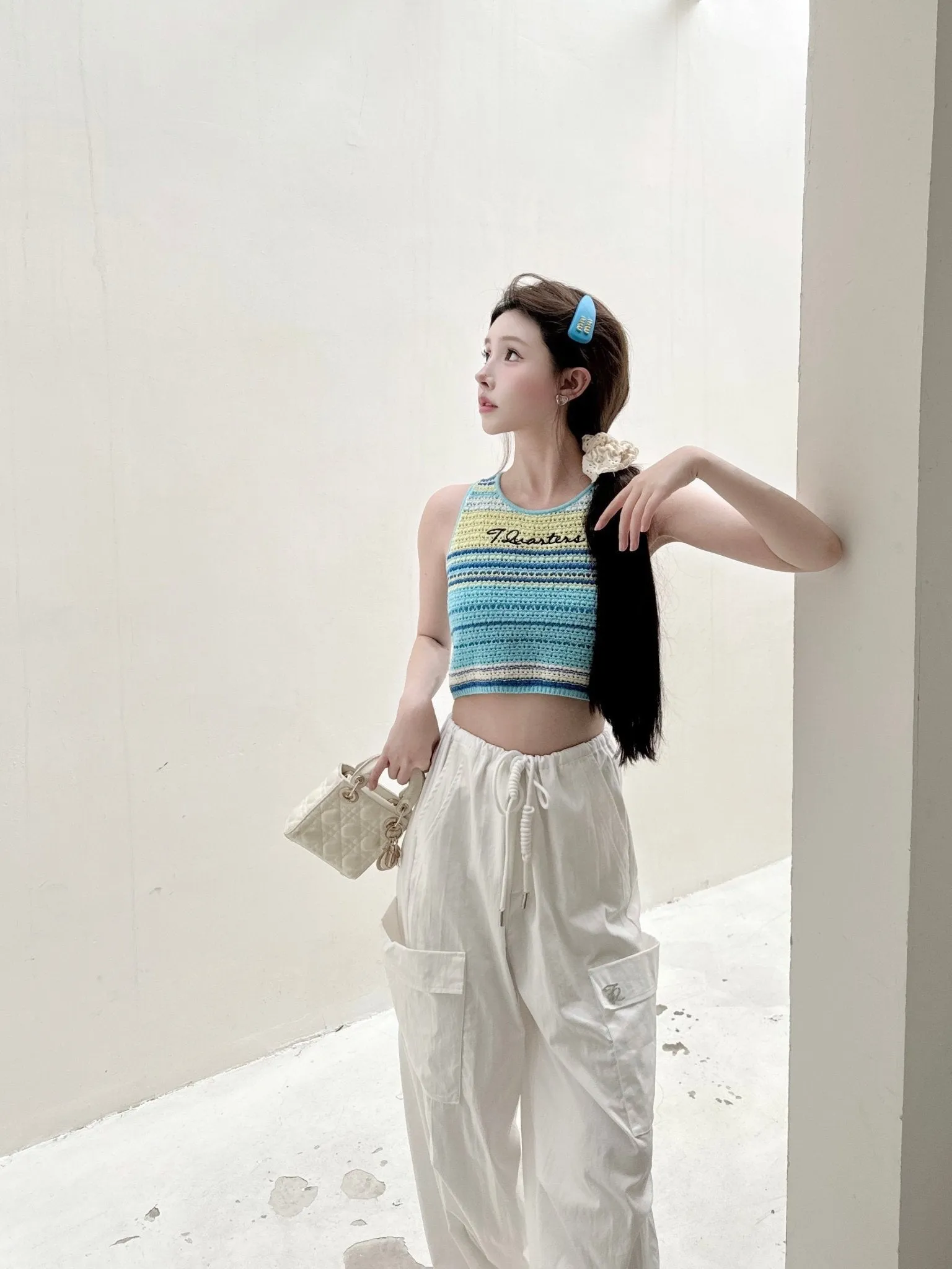 Colorful Logo Embroidery Hand Crochet Top Blue