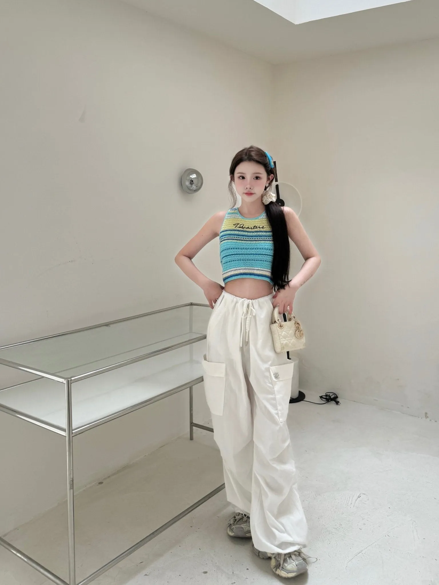 Colorful Logo Embroidery Hand Crochet Top Blue