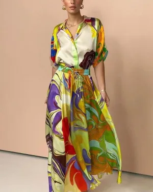 Commuting Fashion Printed Satin Casual Set