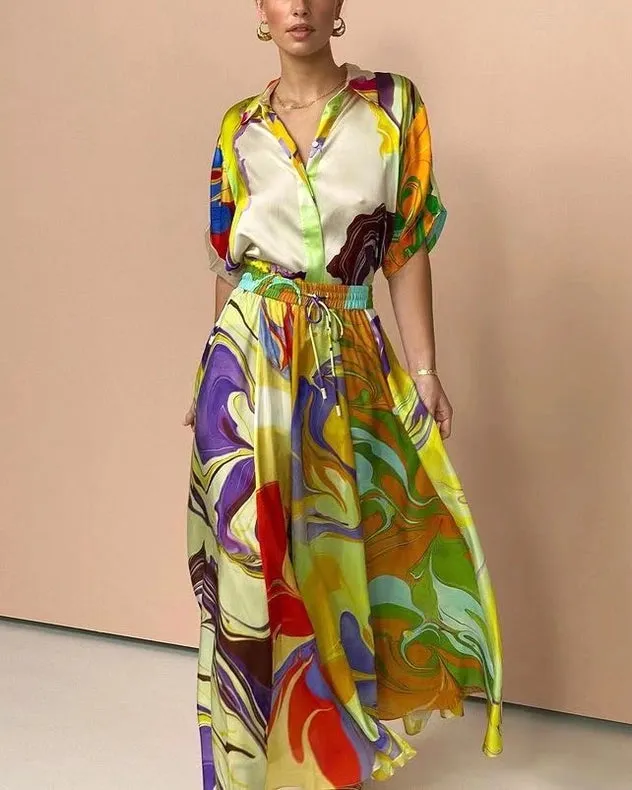 Commuting Fashion Printed Satin Casual Set