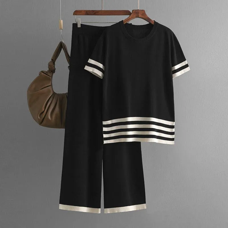 Contrast Striped Short Sleeve Sweater & Wide-Leg Pants Set