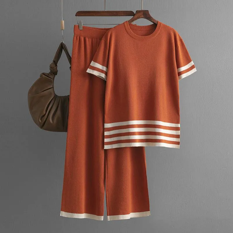 Contrast Striped Short Sleeve Sweater & Wide-Leg Pants Set