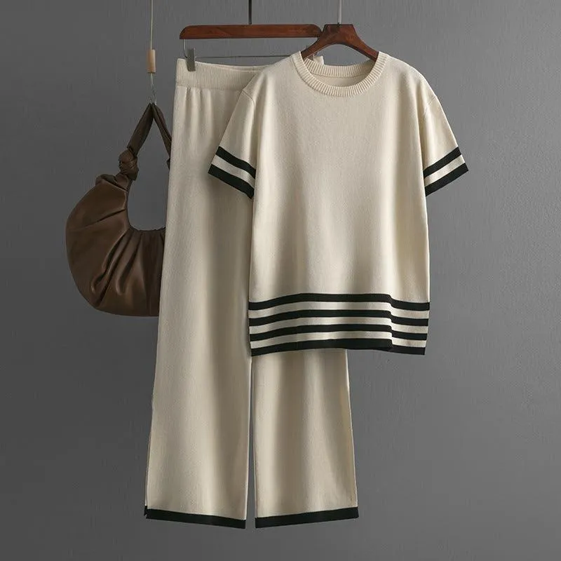 Contrast Striped Short Sleeve Sweater & Wide-Leg Pants Set