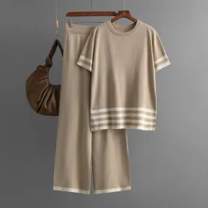 Contrast Striped Short Sleeve Sweater & Wide-Leg Pants Set