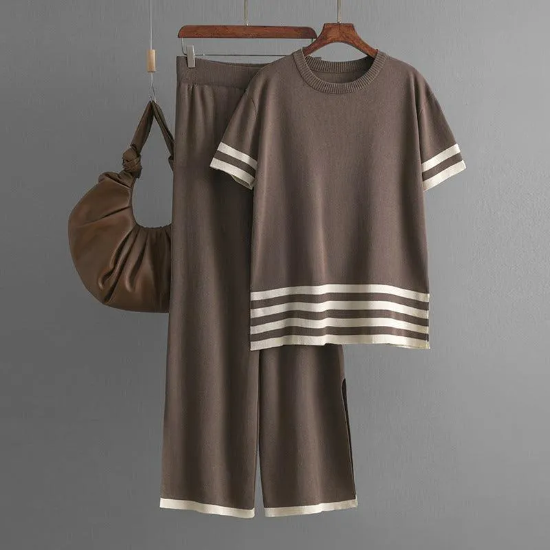Contrast Striped Short Sleeve Sweater & Wide-Leg Pants Set