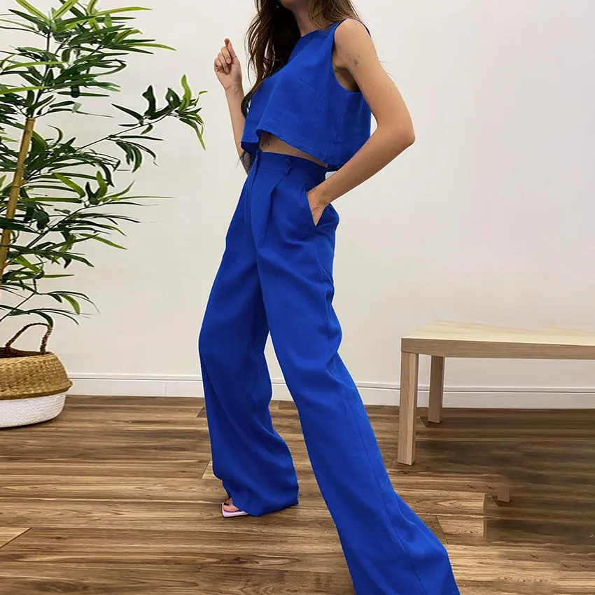 Cotton Linen Casual Short Vest & Trousers Wholesale Women'S 2 Piece Sets