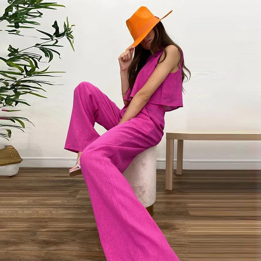Cotton Linen Casual Short Vest & Trousers Wholesale Women'S 2 Piece Sets