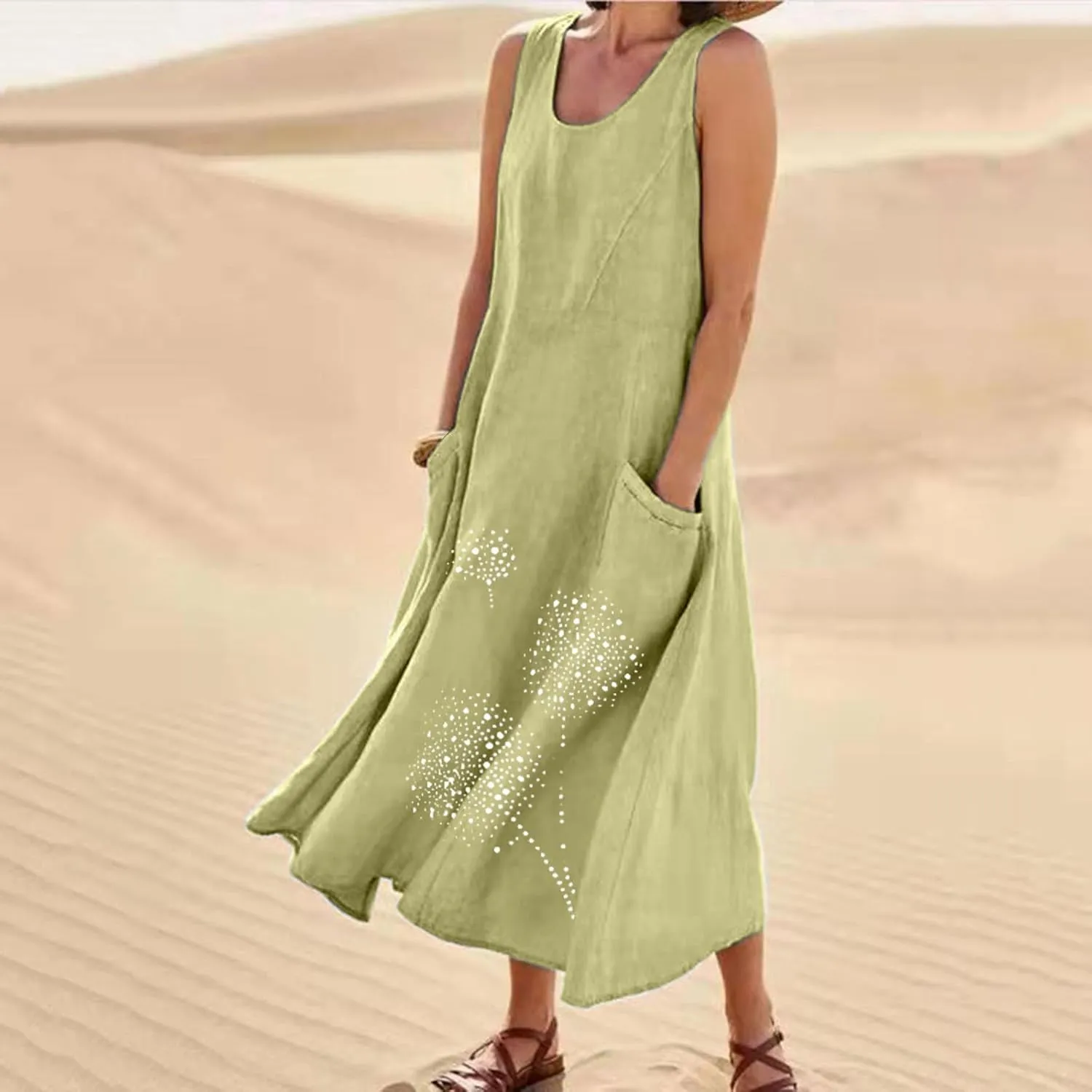 Cotton Linen Dresses for Women 2024 Casual Sleeveless Summer Dresses Casual Crewneck Maxi Dress Trendy Summer Beach Outfits