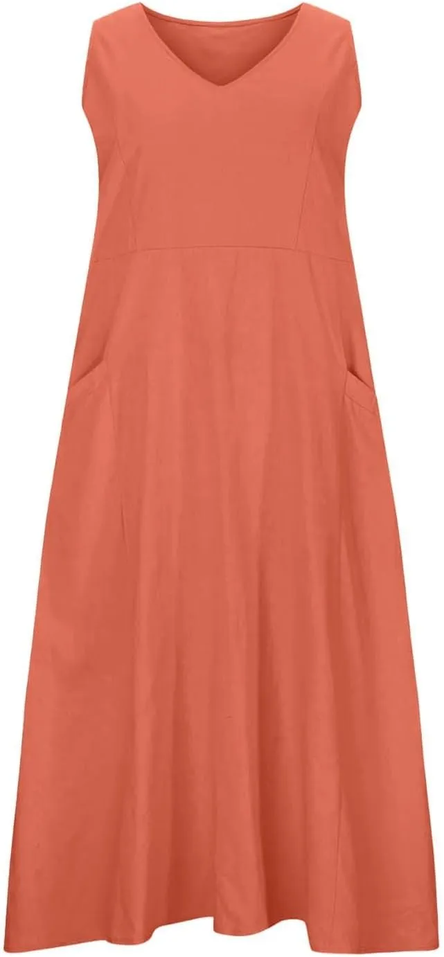 Crew Neck A Line Pleated Tshirt Dress Women's Fashionable Casual Solid Color Pocket V Neck Sleeveless Casual Dress