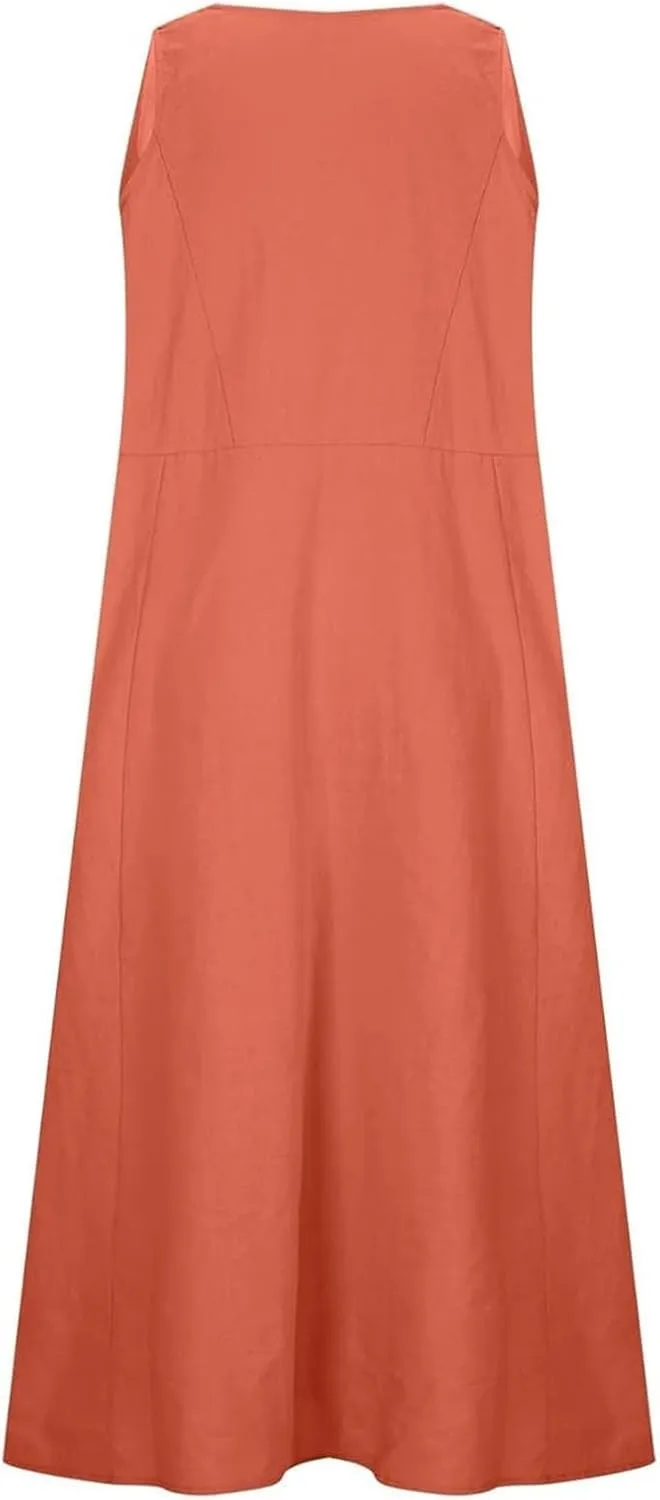 Crew Neck A Line Pleated Tshirt Dress Women's Fashionable Casual Solid Color Pocket V Neck Sleeveless Casual Dress