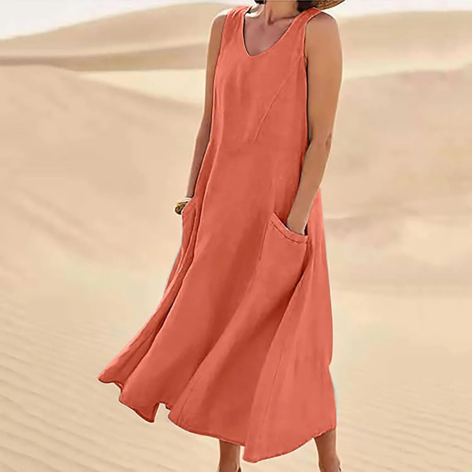 Crew Neck A Line Pleated Tshirt Dress Women's Fashionable Casual Solid Color Pocket V Neck Sleeveless Casual Dress