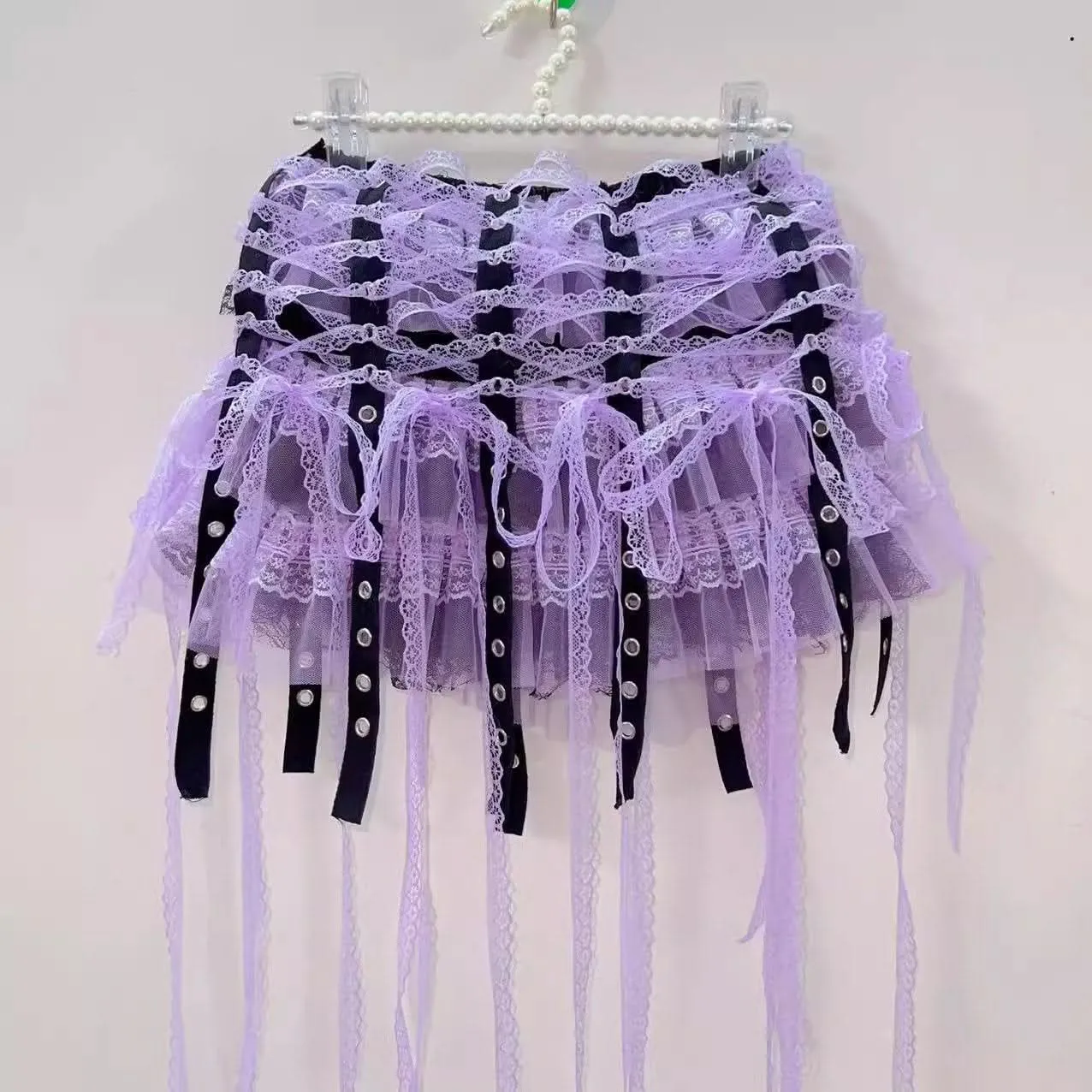 Cross front lace hem bowknot self tie mini skirt set