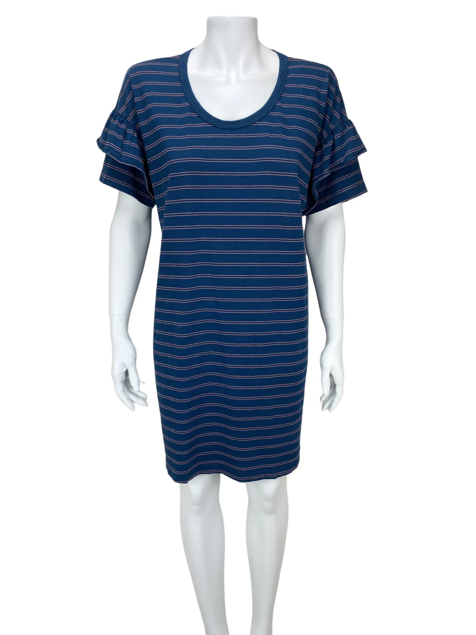 Current Elliott, Women's Striped Ruffle Roadie Dress, Blue Wing Teal Split Stripe, Size 2 (M)