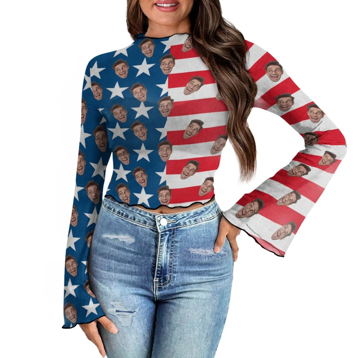 Custom Face Stripes & Stars Women's Bell Sleeve Top - White