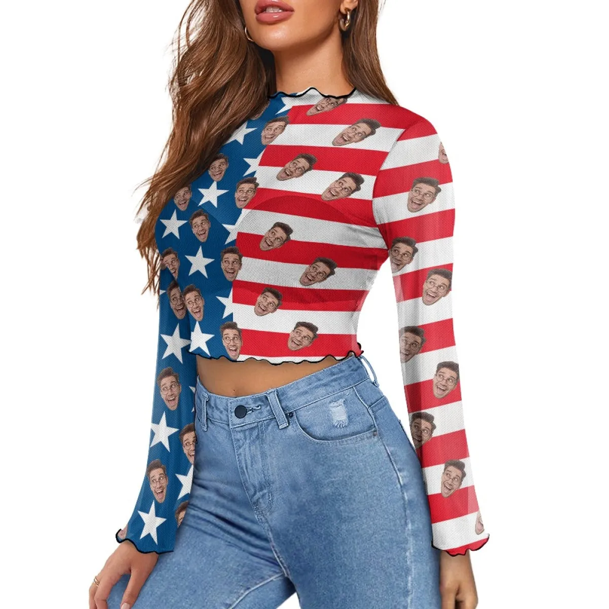 Custom Face Stripes & Stars Women's Bell Sleeve Top - White