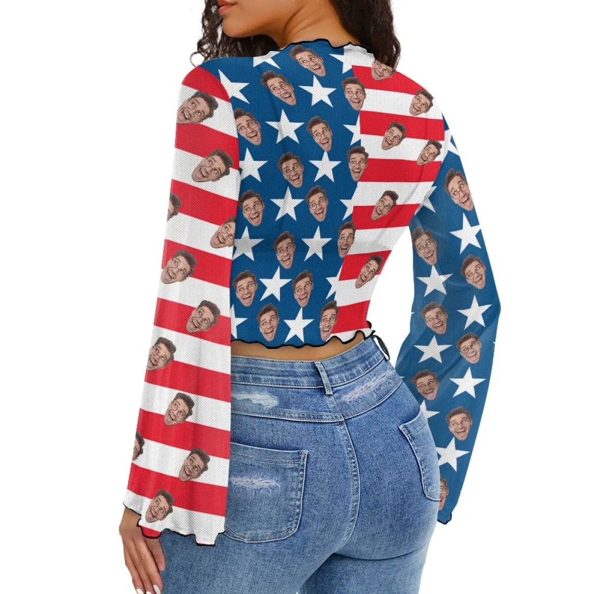 Custom Face Stripes & Stars Women's Bell Sleeve Top - White