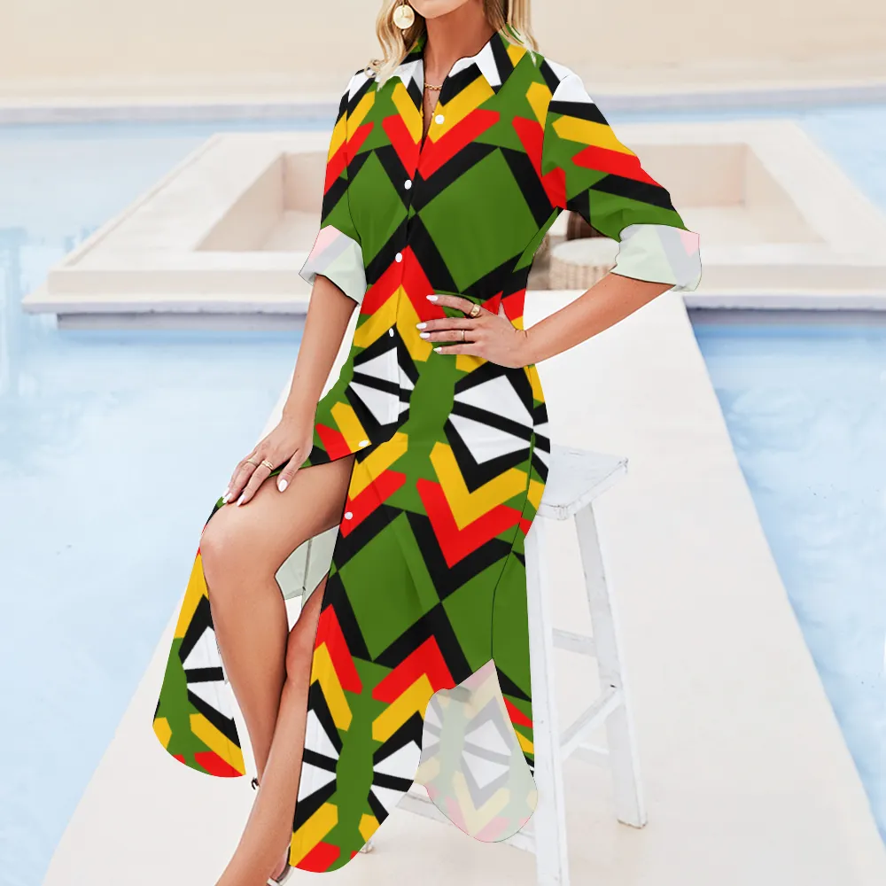 Custom Women's Long Sleeves Shirt Dress Button Up Slit Skirt
