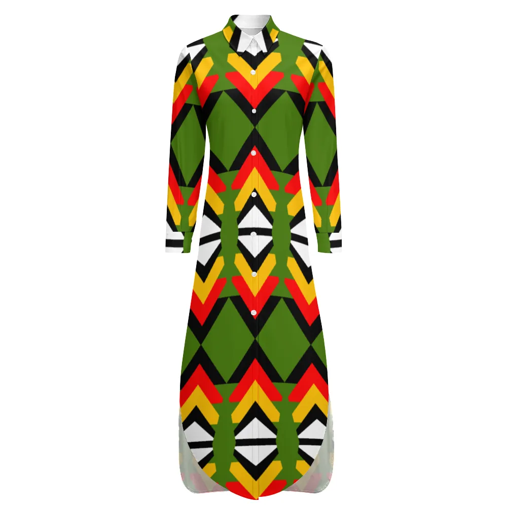 Custom Women's Long Sleeves Shirt Dress Button Up Slit Skirt