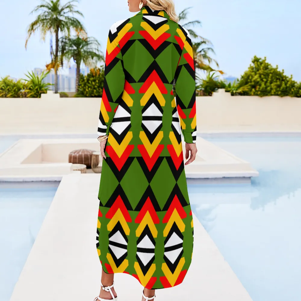 Custom Women's Long Sleeves Shirt Dress Button Up Slit Skirt
