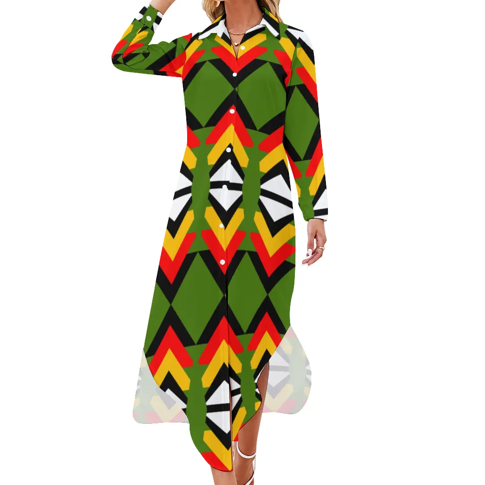 Custom Women's Long Sleeves Shirt Dress Button Up Slit Skirt