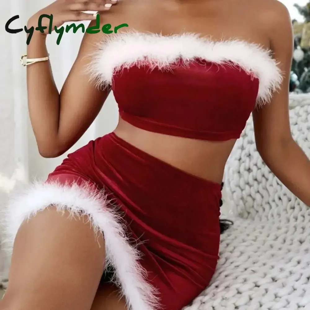 Cyflymder Women's Christmas Skirt Sets Red Tube Tops   Bodycon Mini Skirt Festival Costumes Party Dress Sets Y2k Streetwear Clubwear