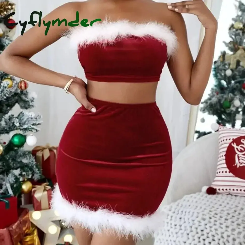 Cyflymder Women's Christmas Skirt Sets Red Tube Tops   Bodycon Mini Skirt Festival Costumes Party Dress Sets Y2k Streetwear Clubwear