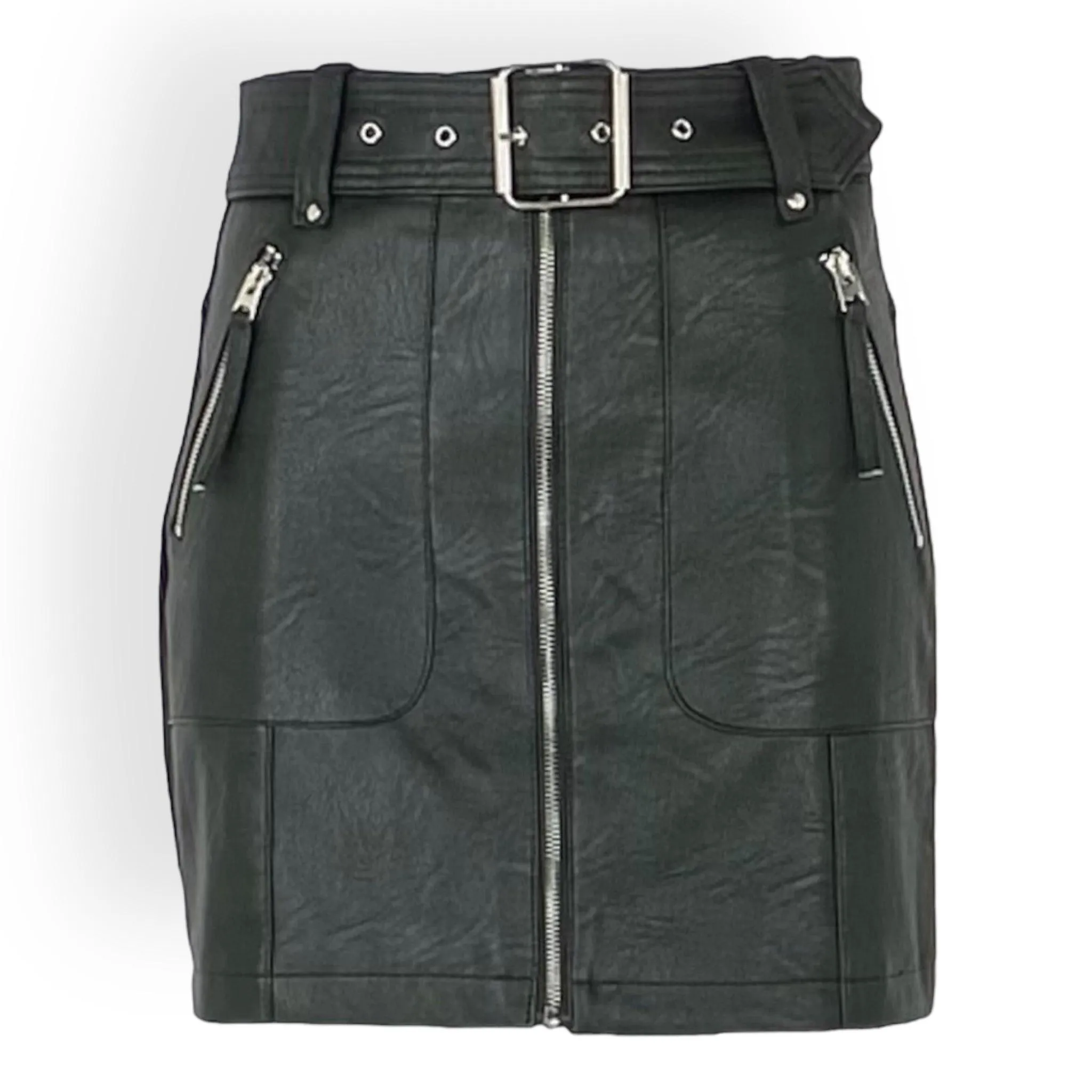Dark Green Zip Up Wide Belt Mini Skirt