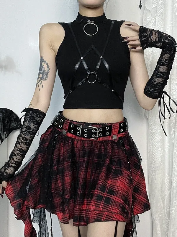 Dark street leather strap patchwork tank top