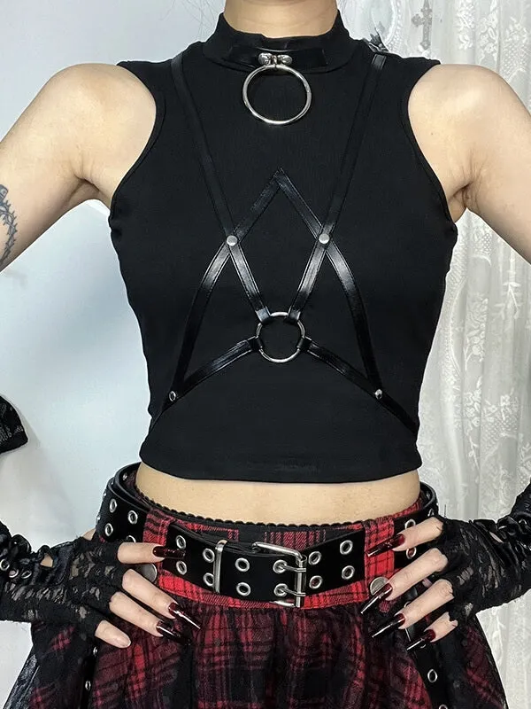 Dark street leather strap patchwork tank top