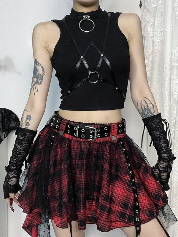 Dark street leather strap patchwork tank top