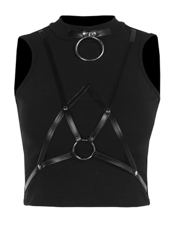 Dark street leather strap patchwork tank top