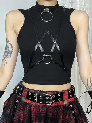 Dark street leather strap patchwork tank top