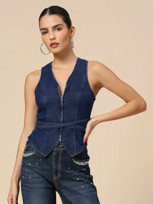 DARK WASH DENIM FITTED ZIPPERED WAISTCOAT