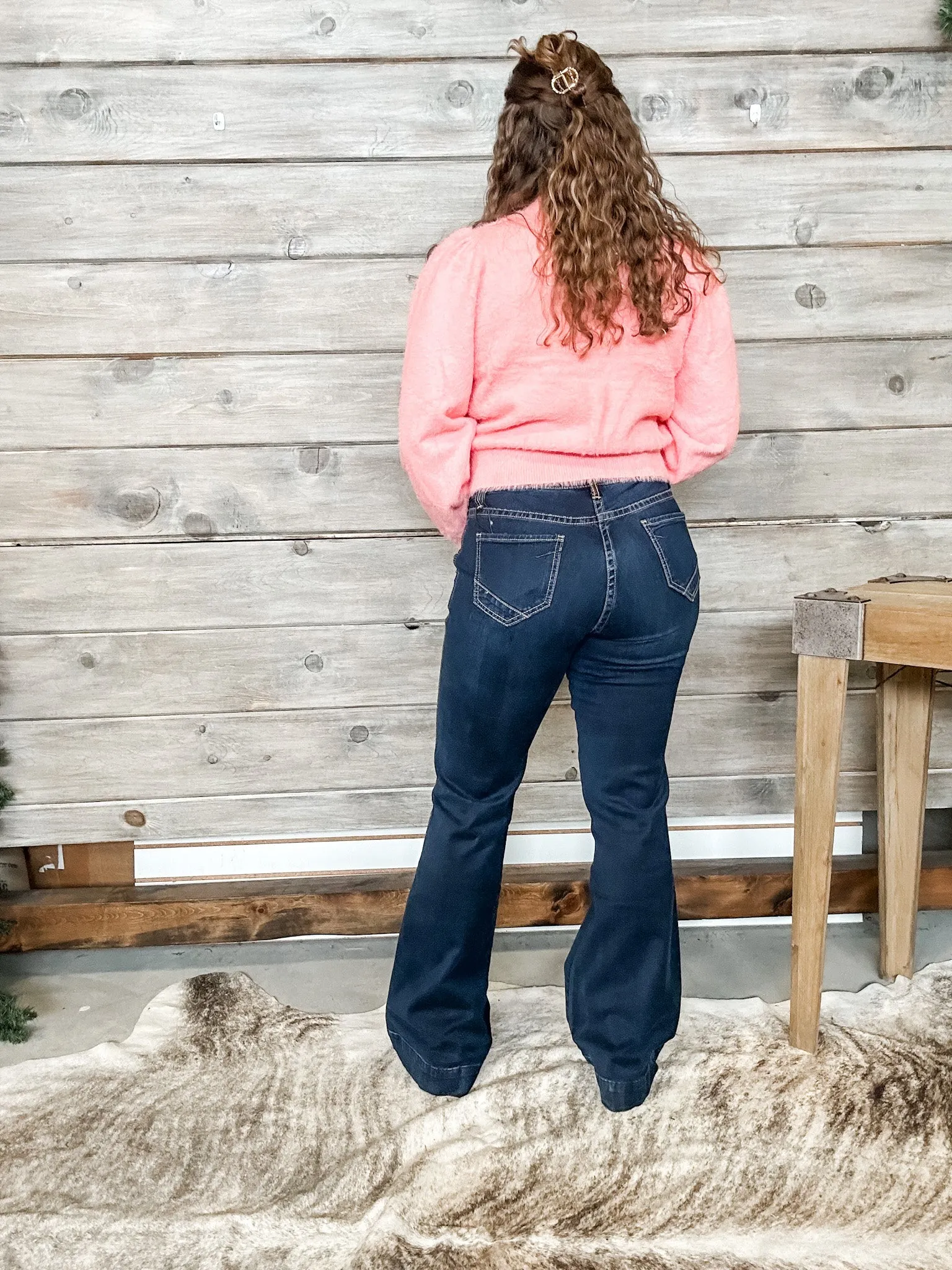 Dark Wash Slant Pocket Mid Rise Trouser Jean