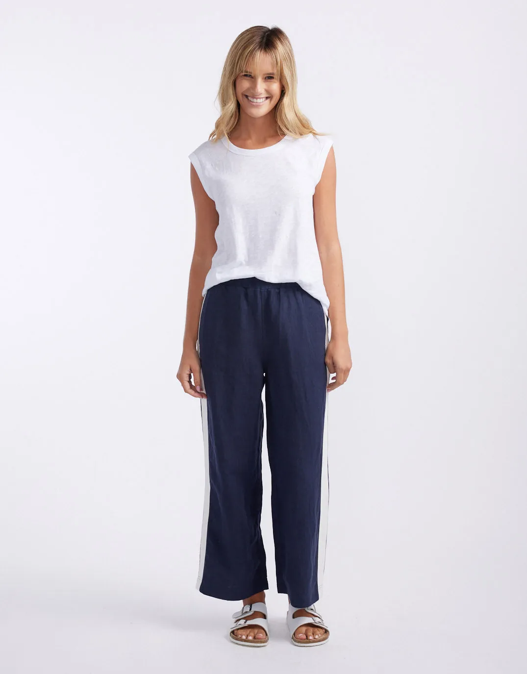 Deluxe 100% Linen Pants - Navy/White Stripe