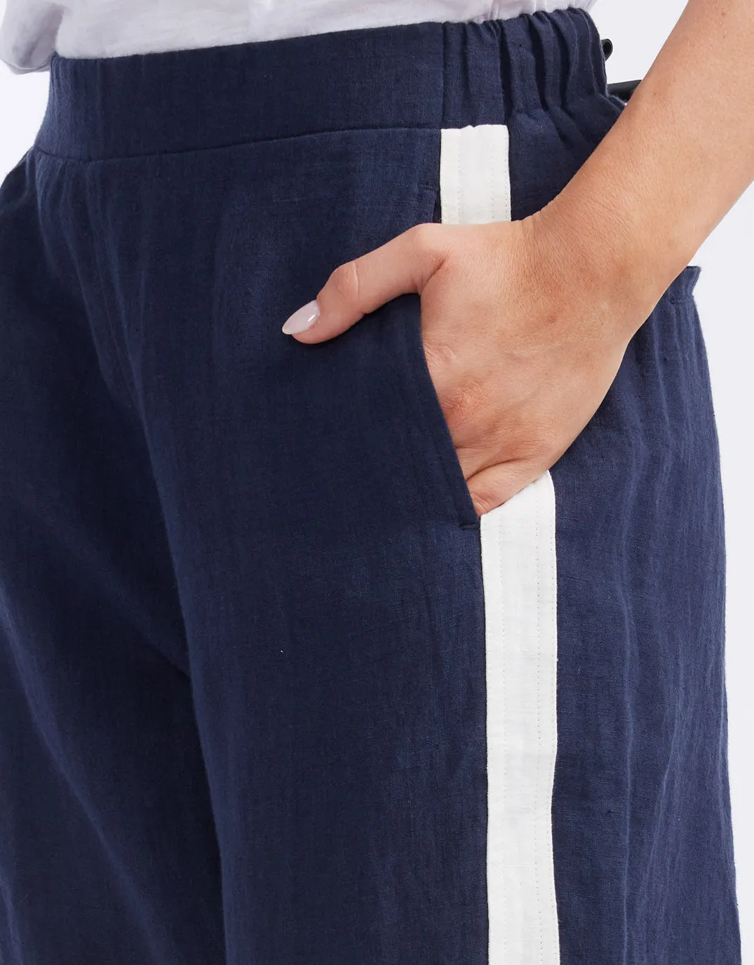 Deluxe 100% Linen Pants - Navy/White Stripe