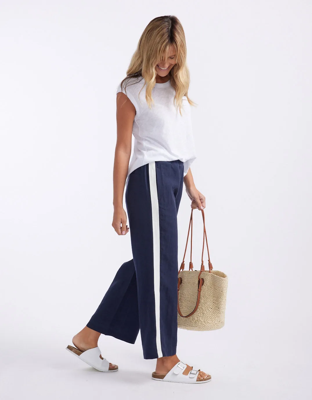 Deluxe 100% Linen Pants - Navy/White Stripe