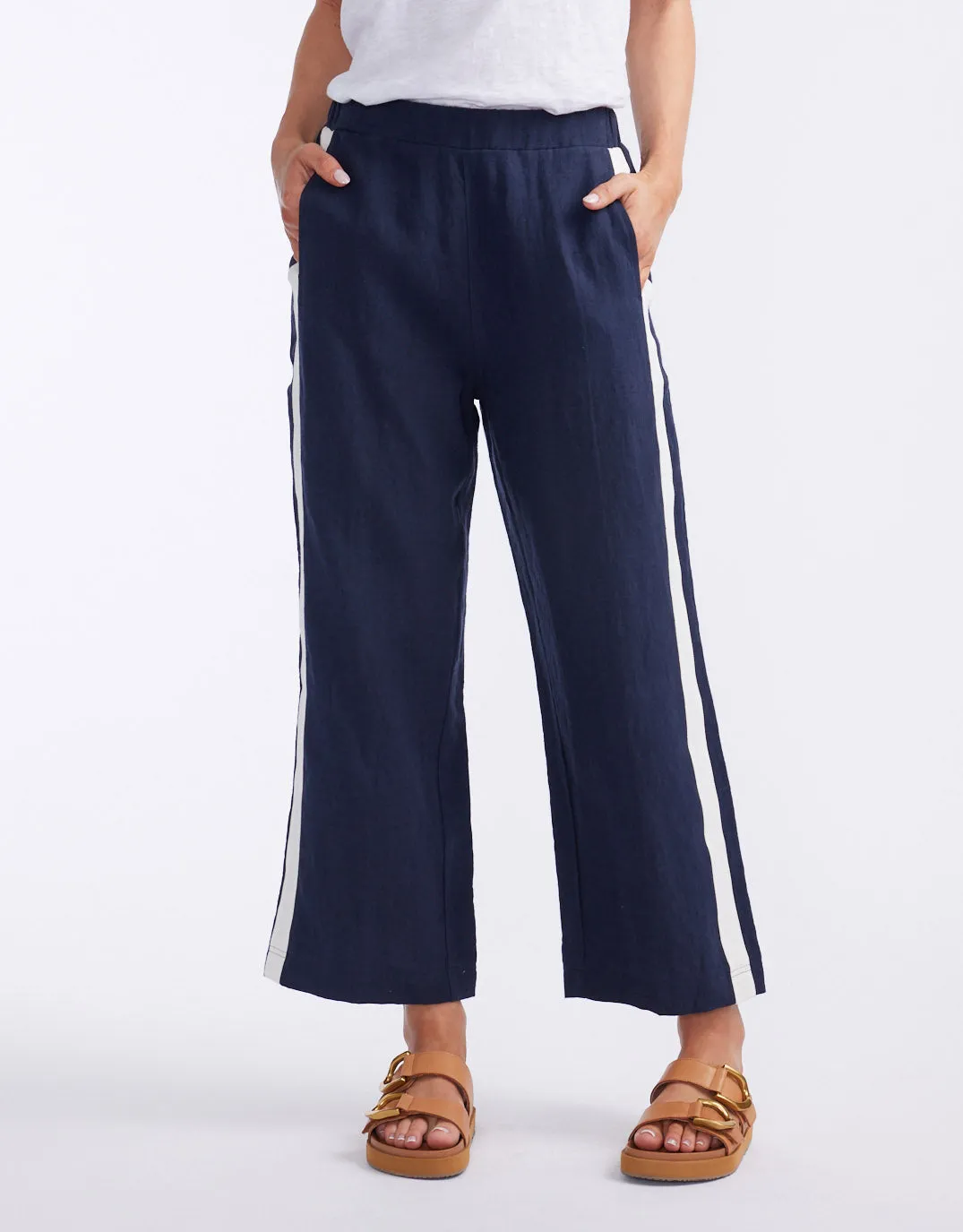 Deluxe 100% Linen Pants - Navy/White Stripe
